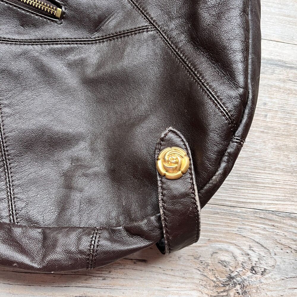 Vintage Rough Roses Brown Leather Handbag Slouchy Boho Shoulder Bag Rustic - Picture 5 of 10